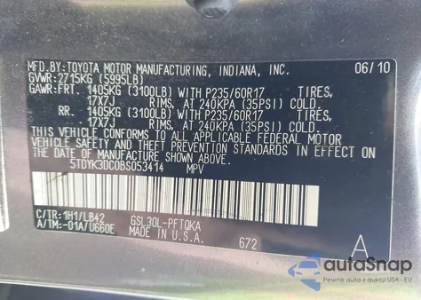 2011 Toyota Sienna Xle V6 Auto Access Seat z USA, uszkodzony, nr VIN 5TDYK3DC0BS053414